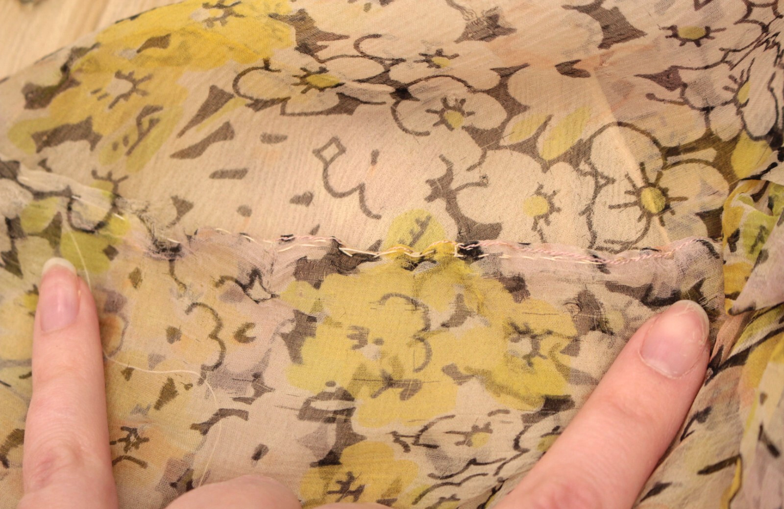 Vtg Women’s 30s Sheer Cream & Yellow Floral Pink Lining Chiffon Dress M/L 1930s