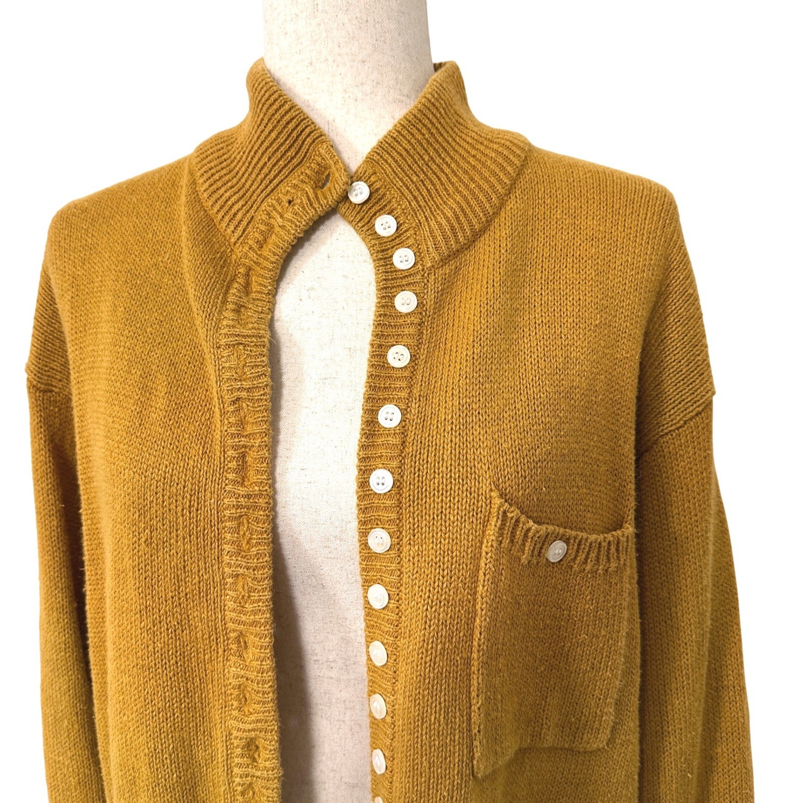VTG Mustard Yellow Knit Cardigan Button Up Mock Neck Sweater M L Grandmacore