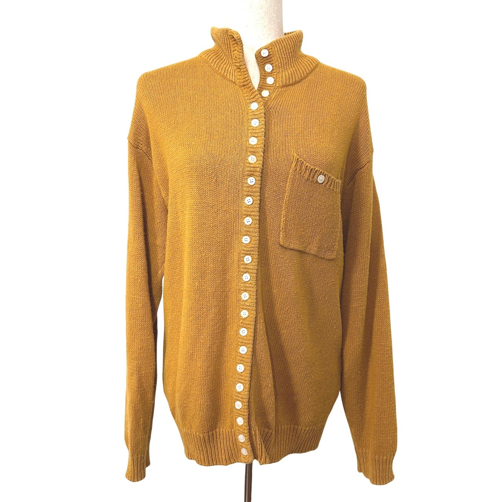 VTG Mustard Yellow Knit Cardigan Button Up Mock Neck Sweater M L Grandmacore