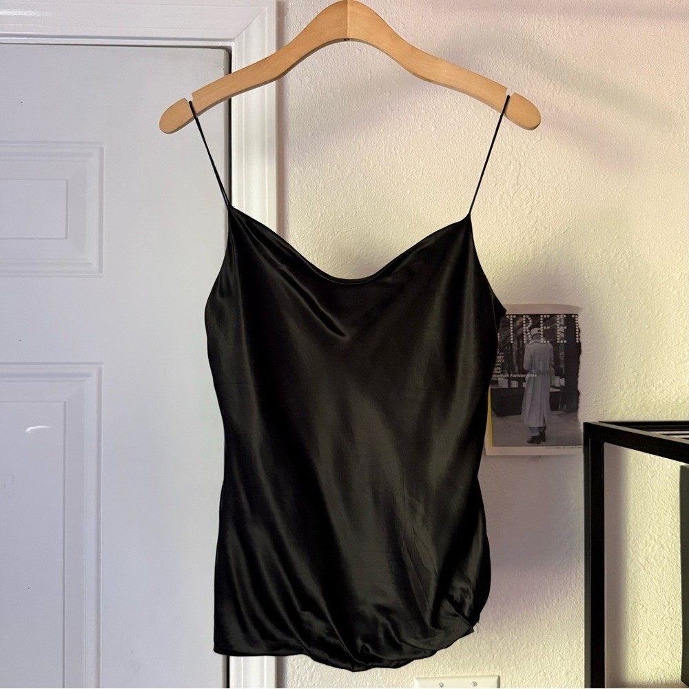 CINQ A SEPT black silk draped asymmetrical cropped tank top