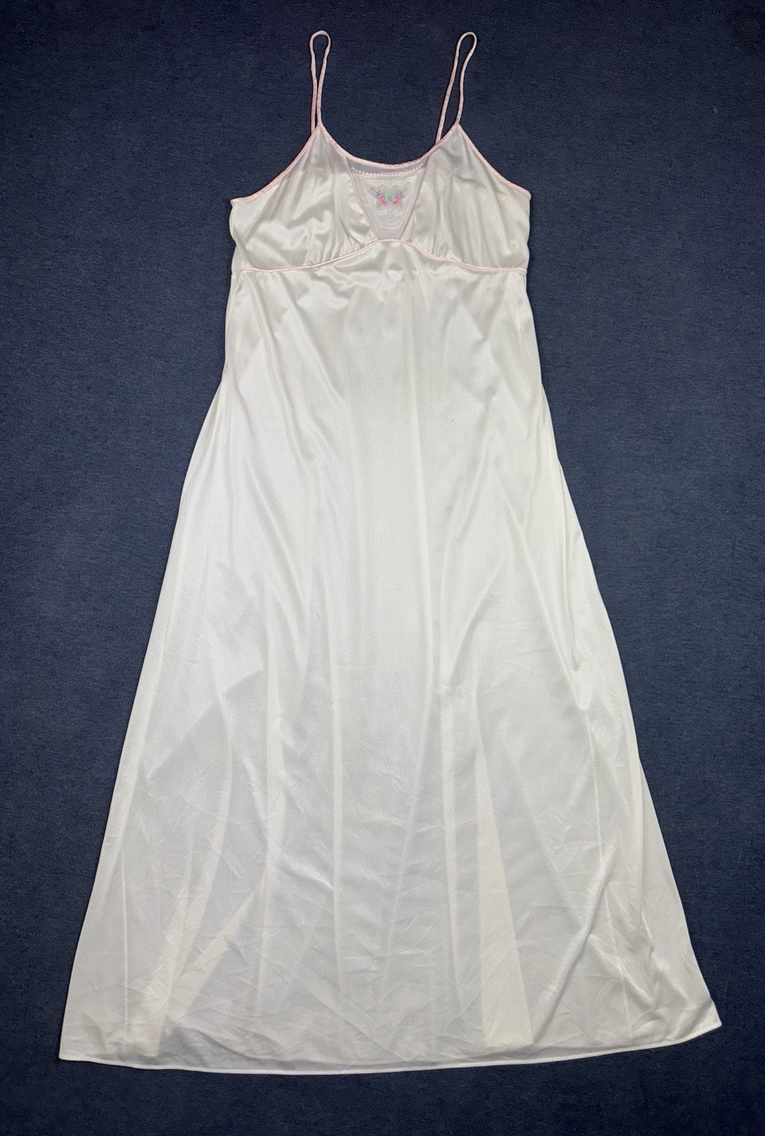 VTG 70s 80s Sears Lace Trim Flower Embroidery Silky Shear Long Nightgown L 16/18