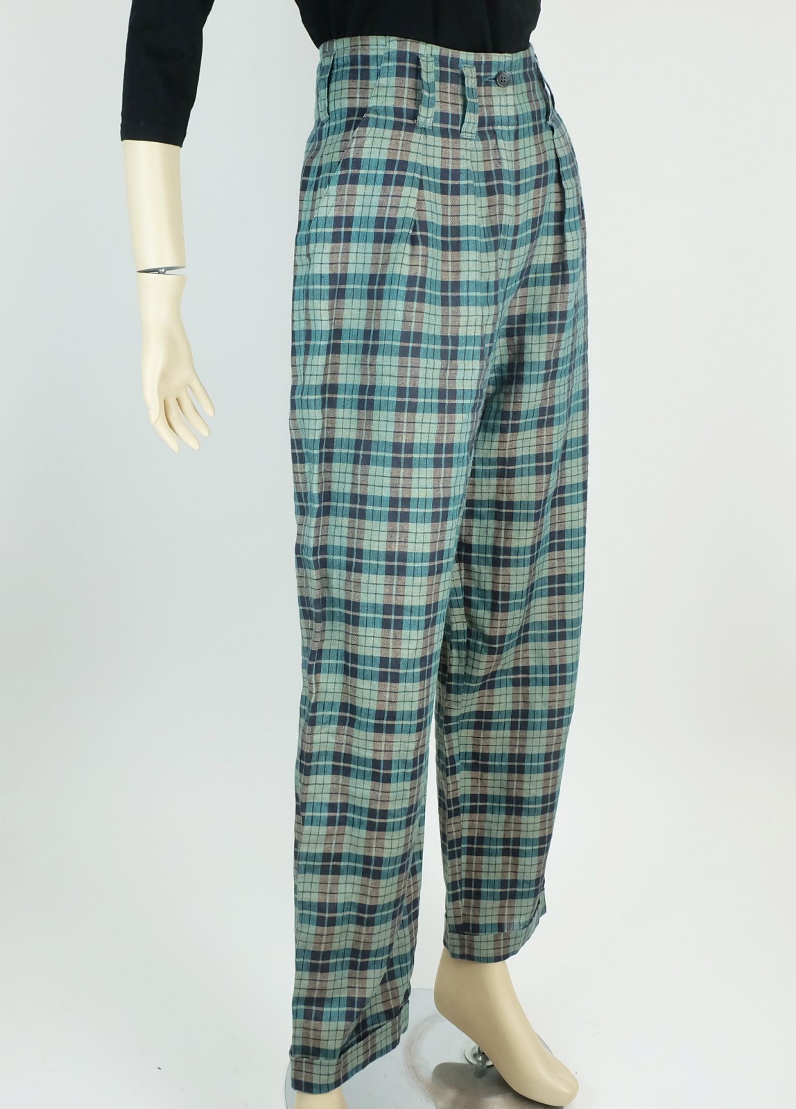 1980s jil sander plaid linen trousers waist pleats size 38 high waist