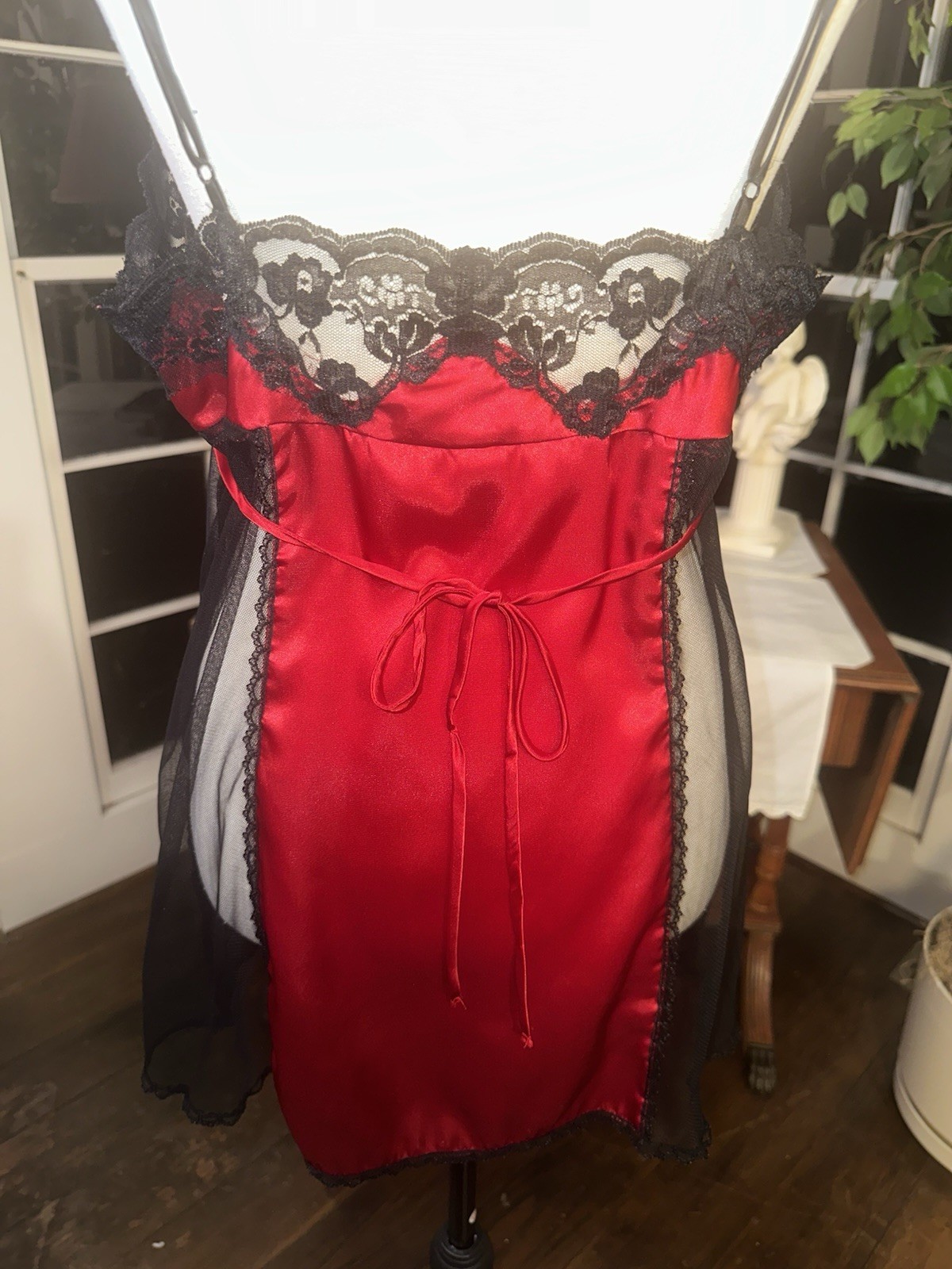 Vintage 90s Red Black Lace Babydoll Chemise Lingerie Sheer Cutout Negligee Large