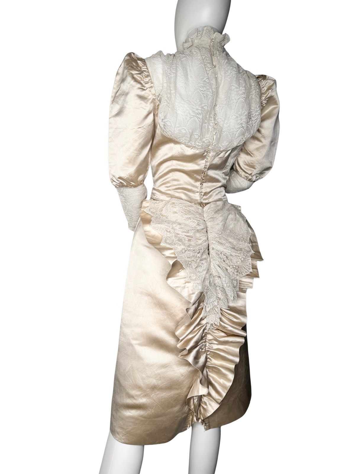 Vintage Size S Victorian Revival Wedding Dress Champagne Satin Lace Bustle Back