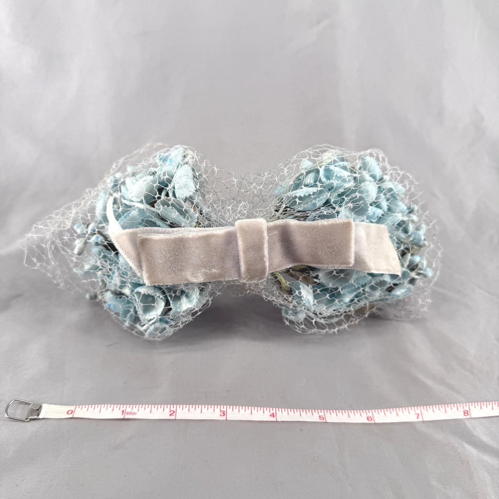 Vintage Union Made Blue Floral Birdcage Veil Headpiece Velvet Bow 526150 USA