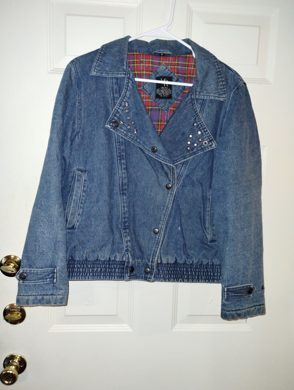 VTG YR Womens Size L Snap Up Quilt Lined Distressed Blue Jean Jacket Bling Lapel