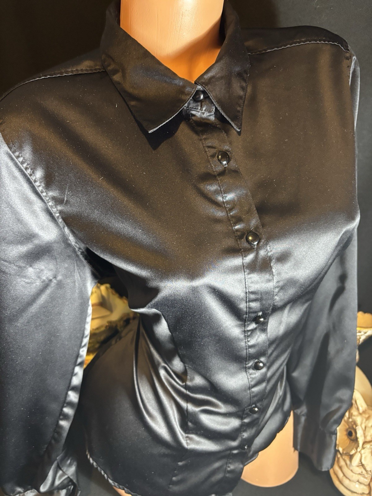 Satin Shiny CUFFS Shirt Notch Collar OFFICE BUTTON UP BLOUSE 12