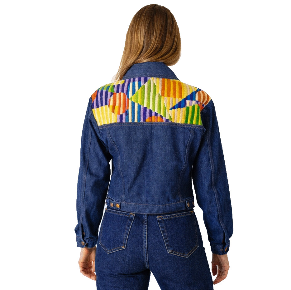 Vtg 70s Denim Jeans Jacket S/M Boho Embroidered Hippie USA Screen Door Threads