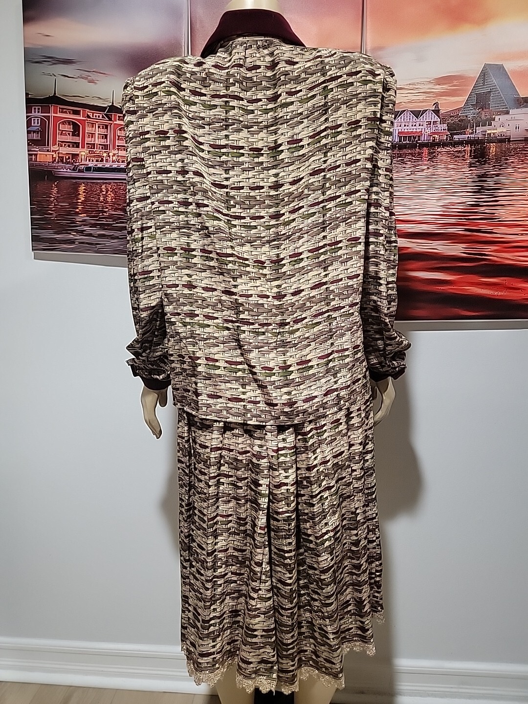OSCAR DE LA RENTA, MISS D Vintage 2PC Blouse & Skirt 12 Lace & Velvet Trim #11