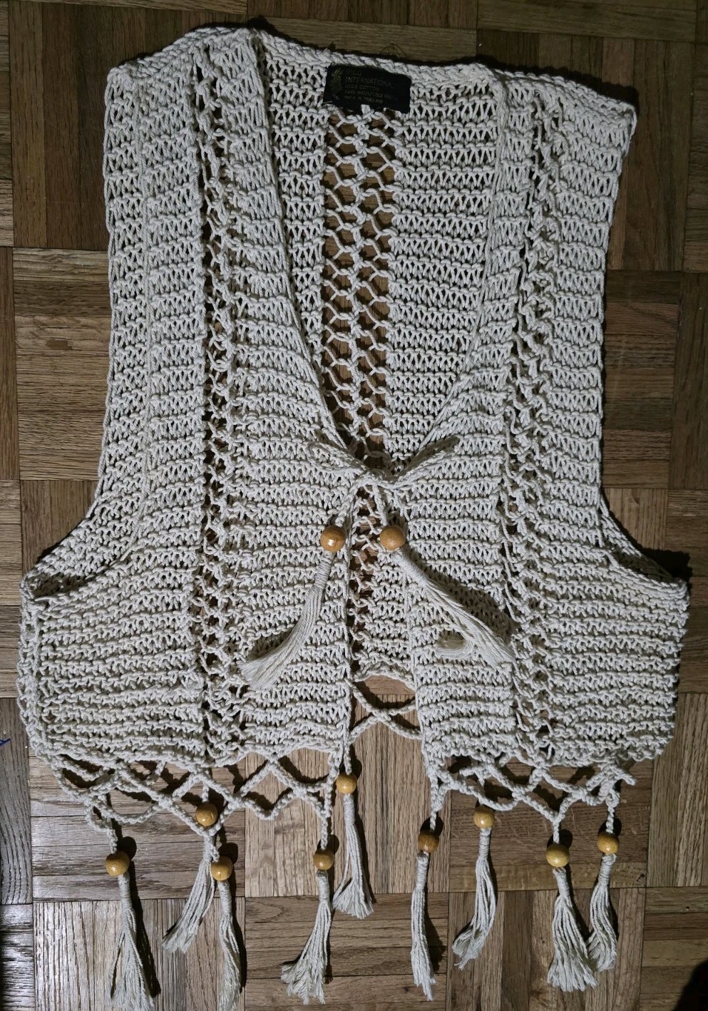 Vintage Macrame Vest With Wood Beads Rico International Beige Cream Knit Crochet