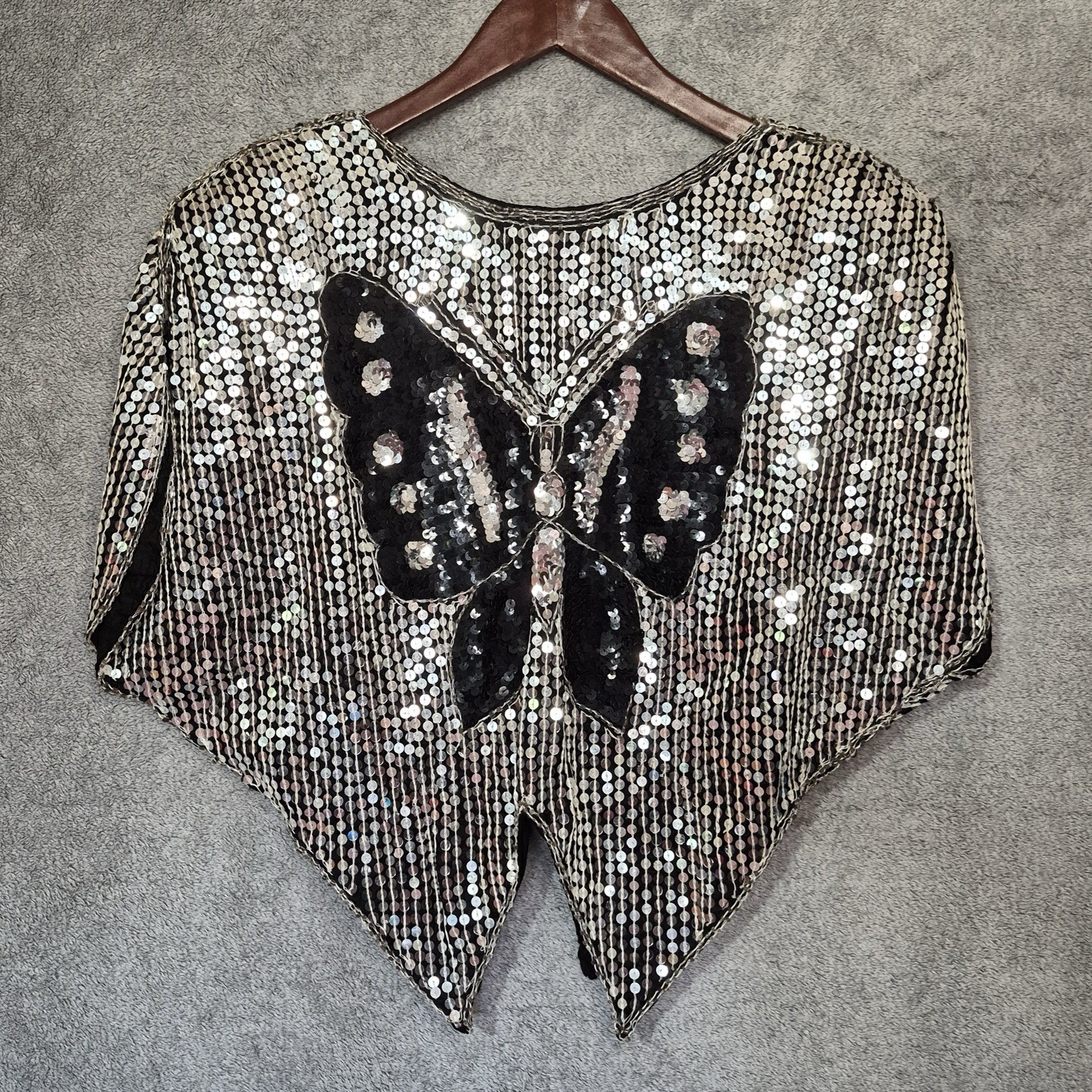 Vintage Valachi Creations 100% Silk Sequin Butterfly Cape Top Batwing Disco M/L