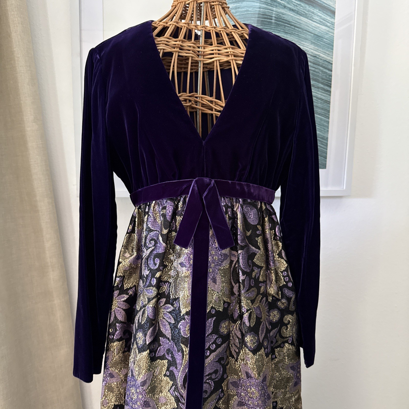 VTG Kent Originals Purple Velvet V Neck Brocade Black Gold Velvet Empire Gown