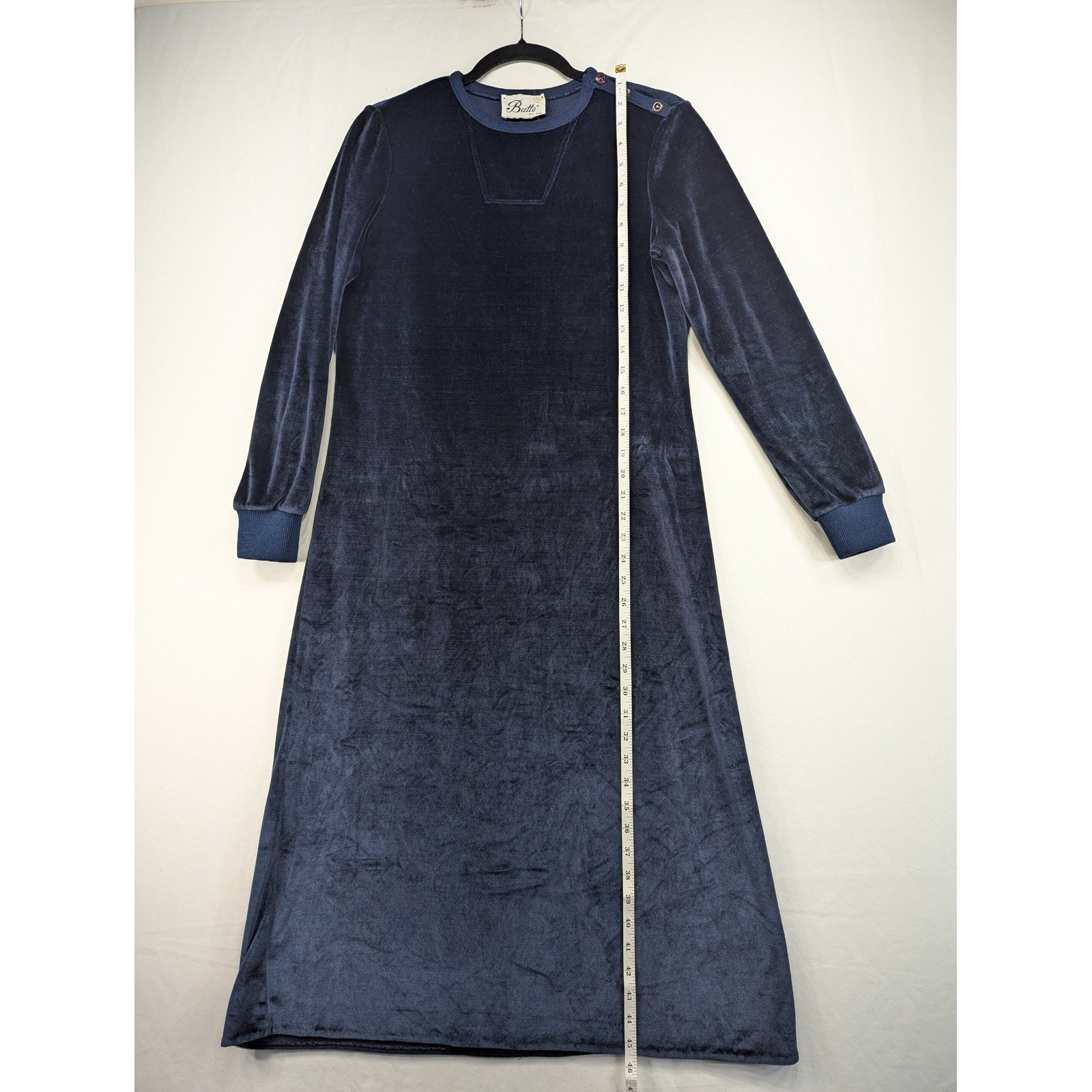 Vintage Butte Navy Blue Velour Midi Dress Long Sleeve Button Shoulder Retro S
