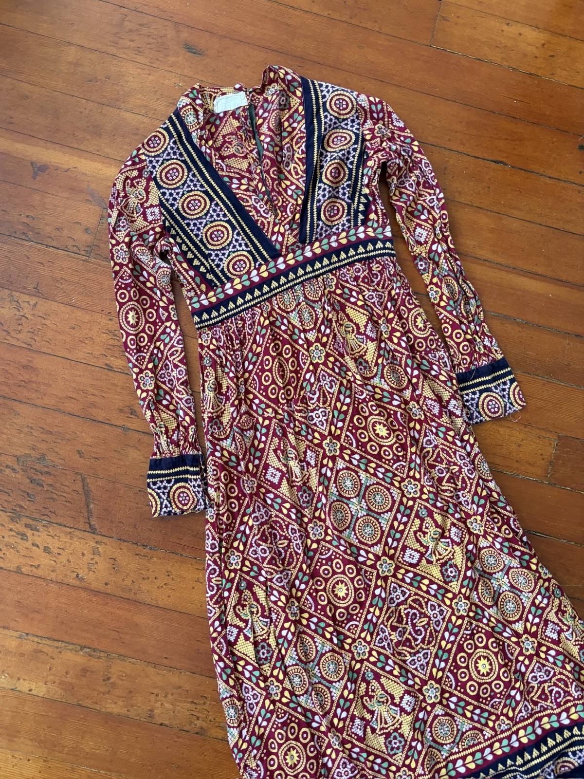60s 70s Artisan Printed Pakistani Cotton Boho Hippie Empire Waist Maxi Dress XS