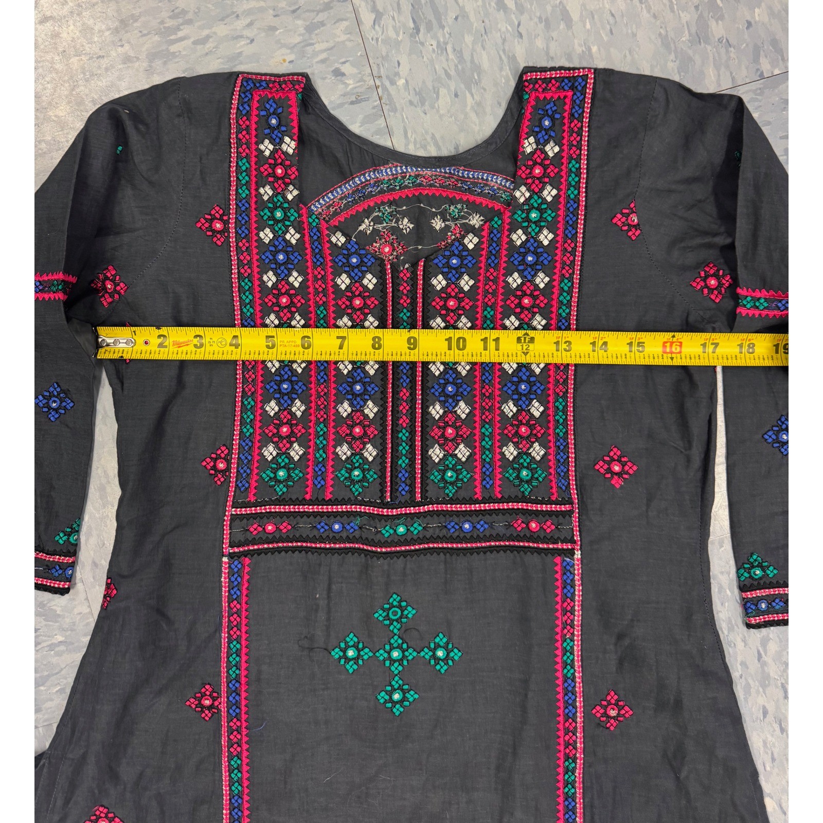 Vintage Ethnic Embroidered Tunic Dress Black Pink Boho Shisha Mirror Midi Kurta