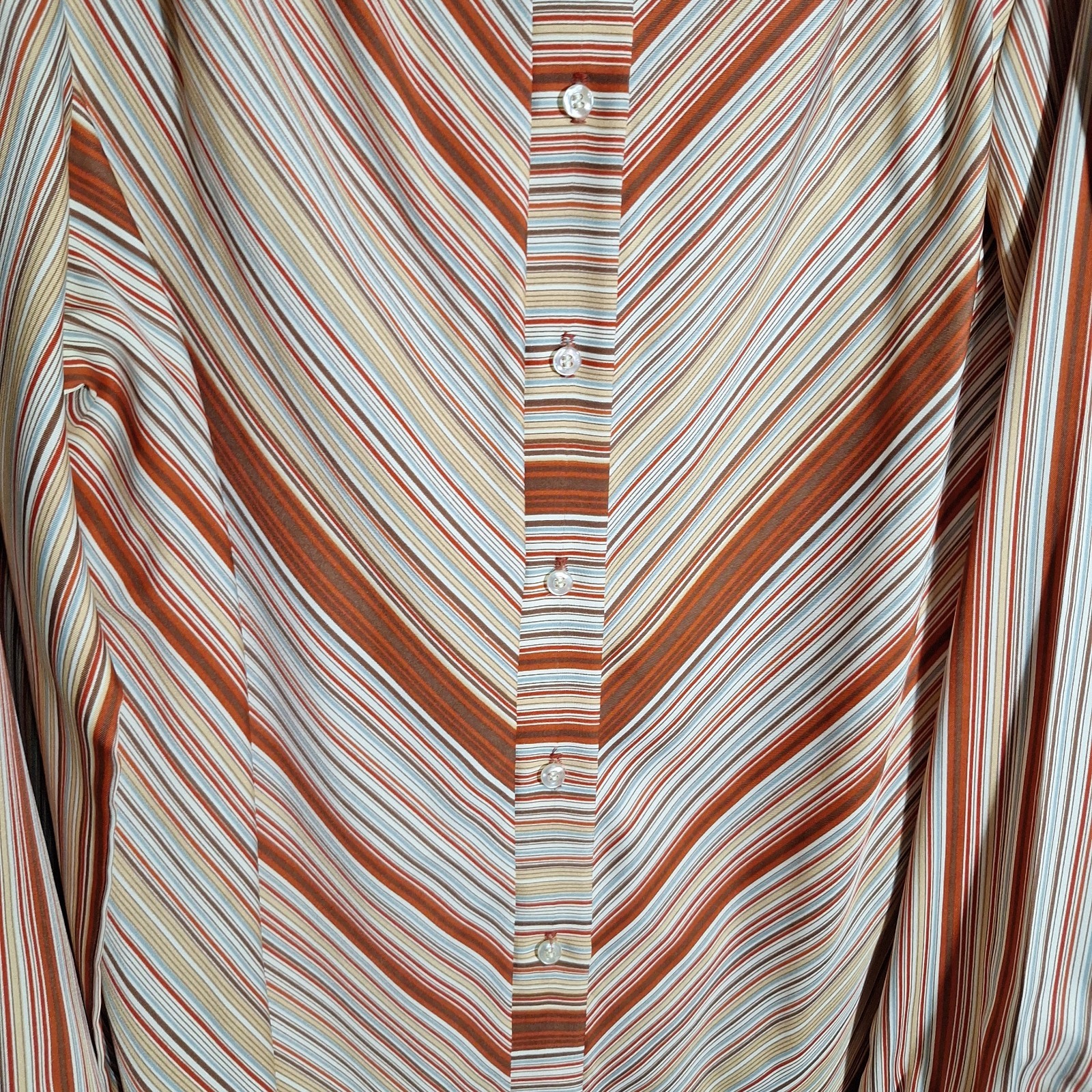 Vintage 1970s Alice Stuart Chevron Stripe Tie Neck Blouse Rust Brown Long Sleeve