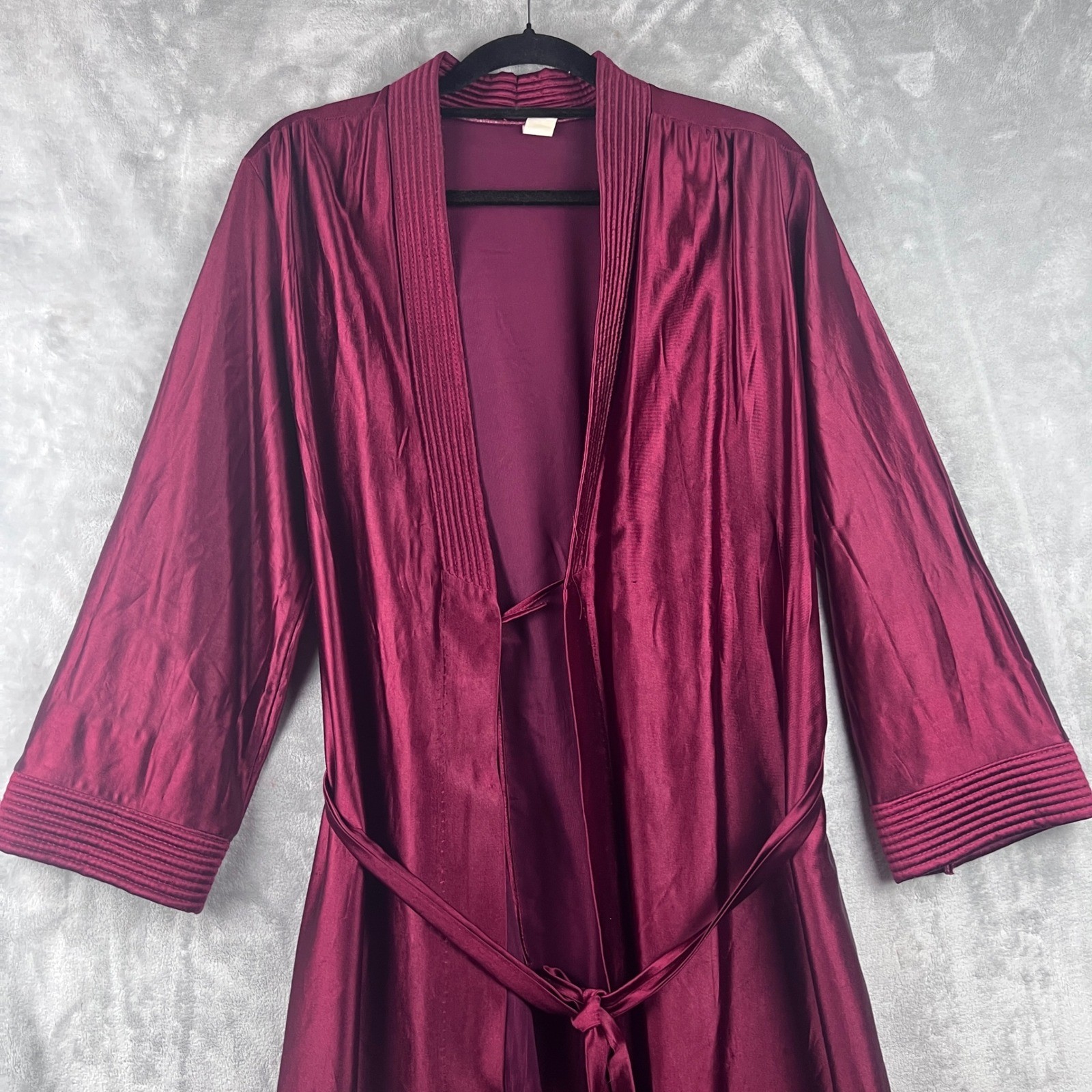 Vintage Burgundy Robe Satin Long Wrap Pleated Trim Wine Red Lingerie Small