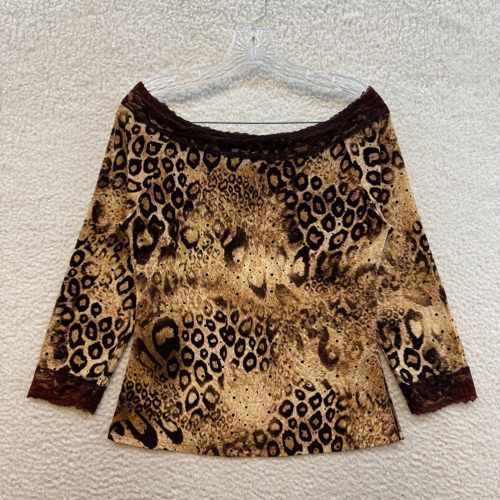90s Y2K Vintage Cold Off Shoulder Top Large XL Tan Cheetah Leopard Animal Print