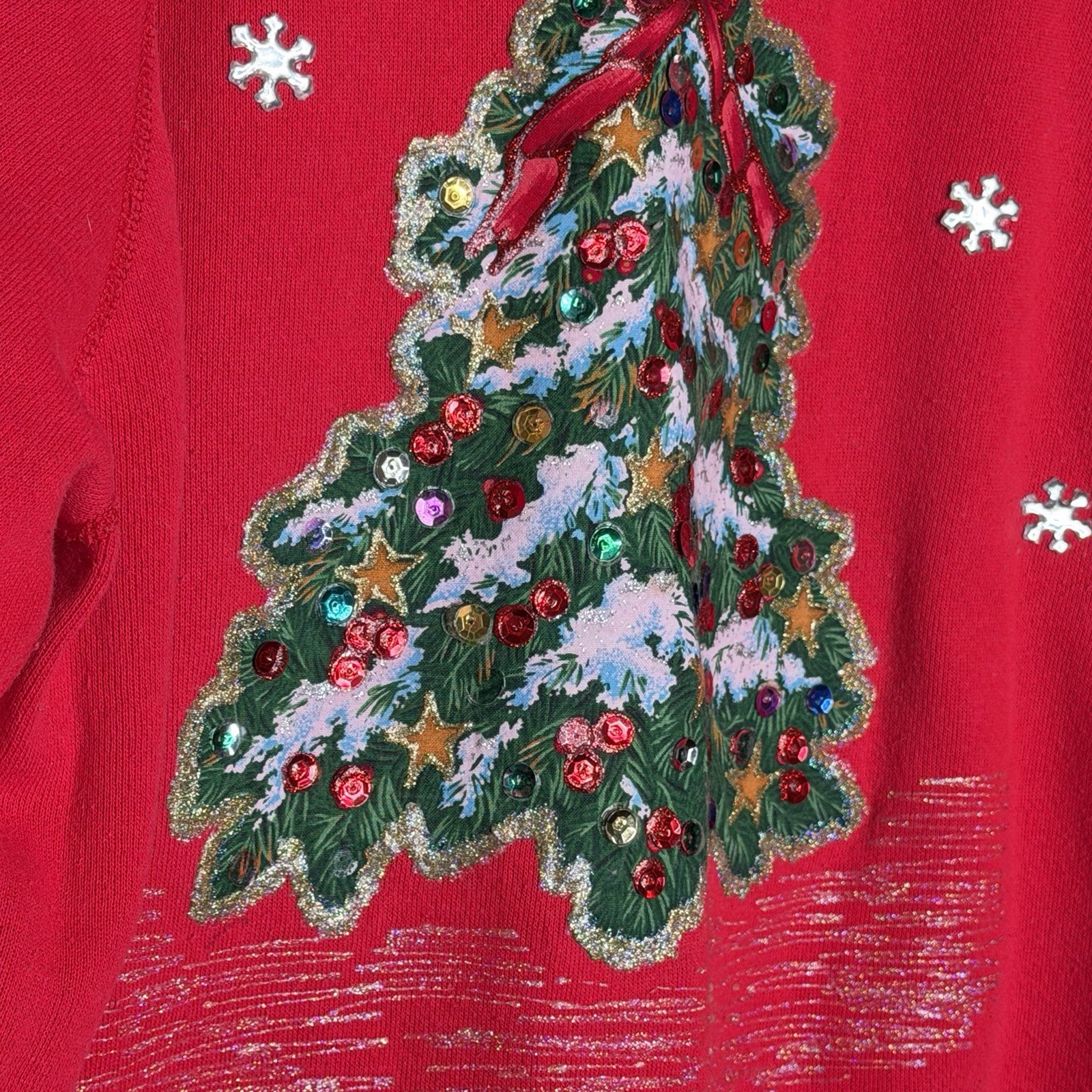 VTG 90s Handmade Christmas Tree Sweatshirt Women L Hanes USA Holiday Cozy Sequin