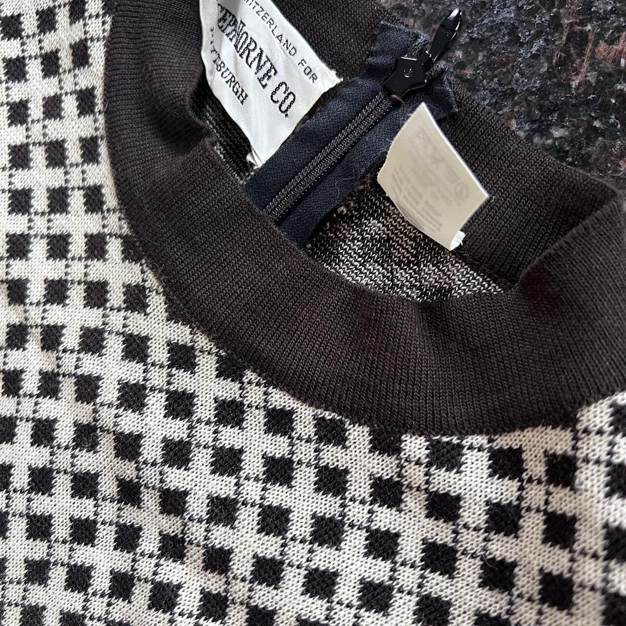 VTG 70s Joseph Horne Company body con brown cream diamond Swiss wool zip dress