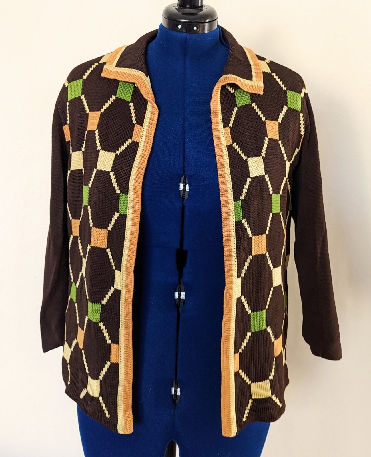 Vintage 50s60s Stage 7 Geometric Argyle Brown Cream Green Peach Cardigan Sweater