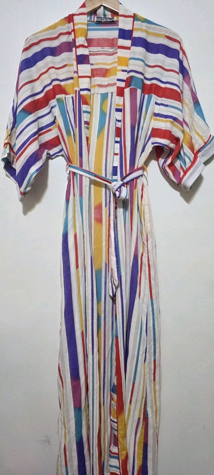 Vintage Periwinkle Loungewear Nightgown Robe Stripe Colors 60s 70s Retro Boho M