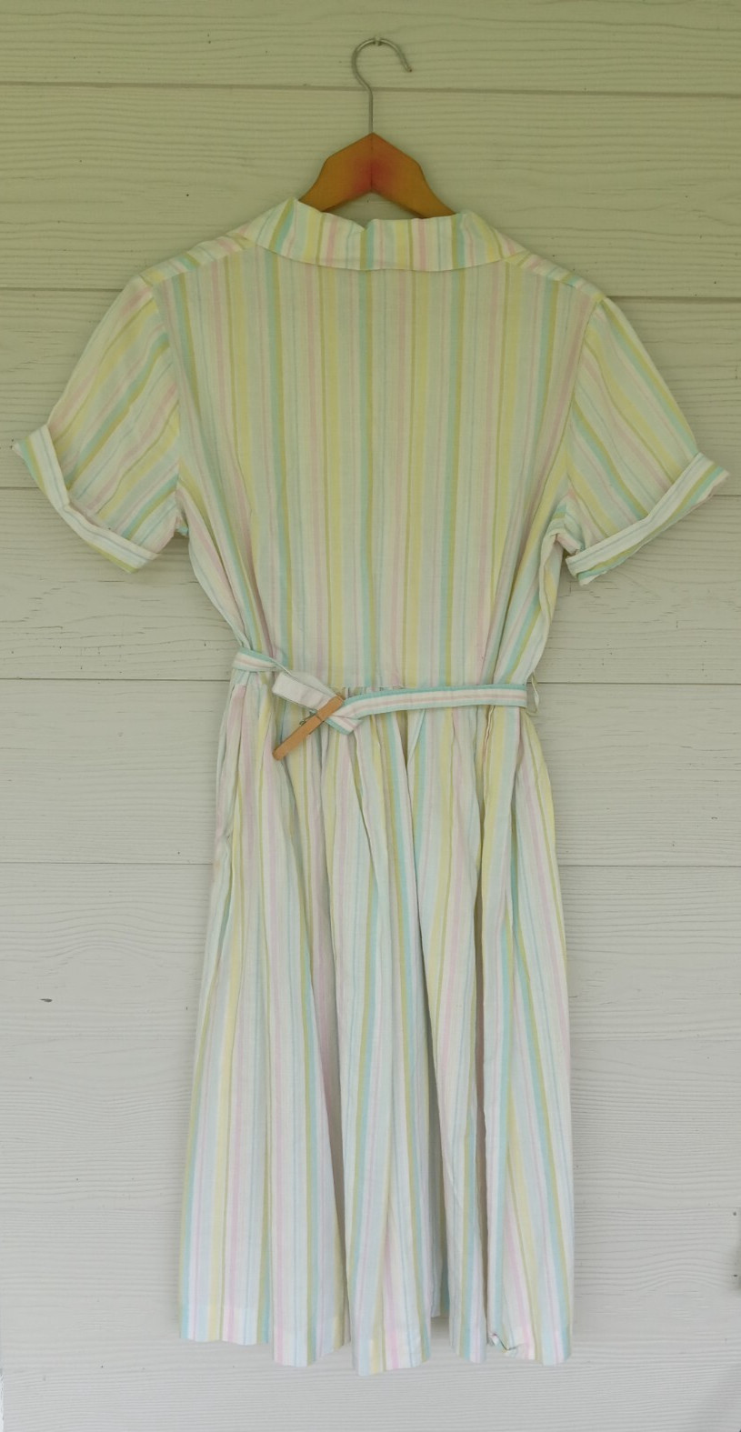 Vintage Women’s Handmade Shirt Dress With Belt Pastel Stripes Buttons 40s-60s