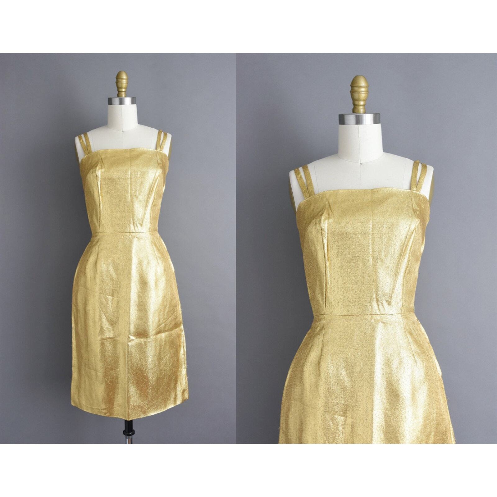 vintage 1950s 50s Gold Bombshell Wiggle Dress | XS Small
