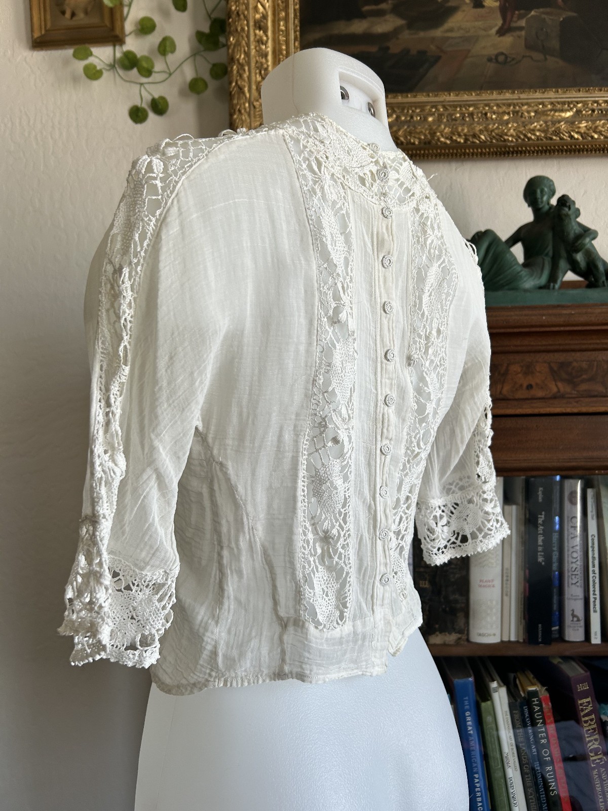 Antique Victorian Edwardian White Lace Gauze Blouse Crochet Insert Cottagecore S
