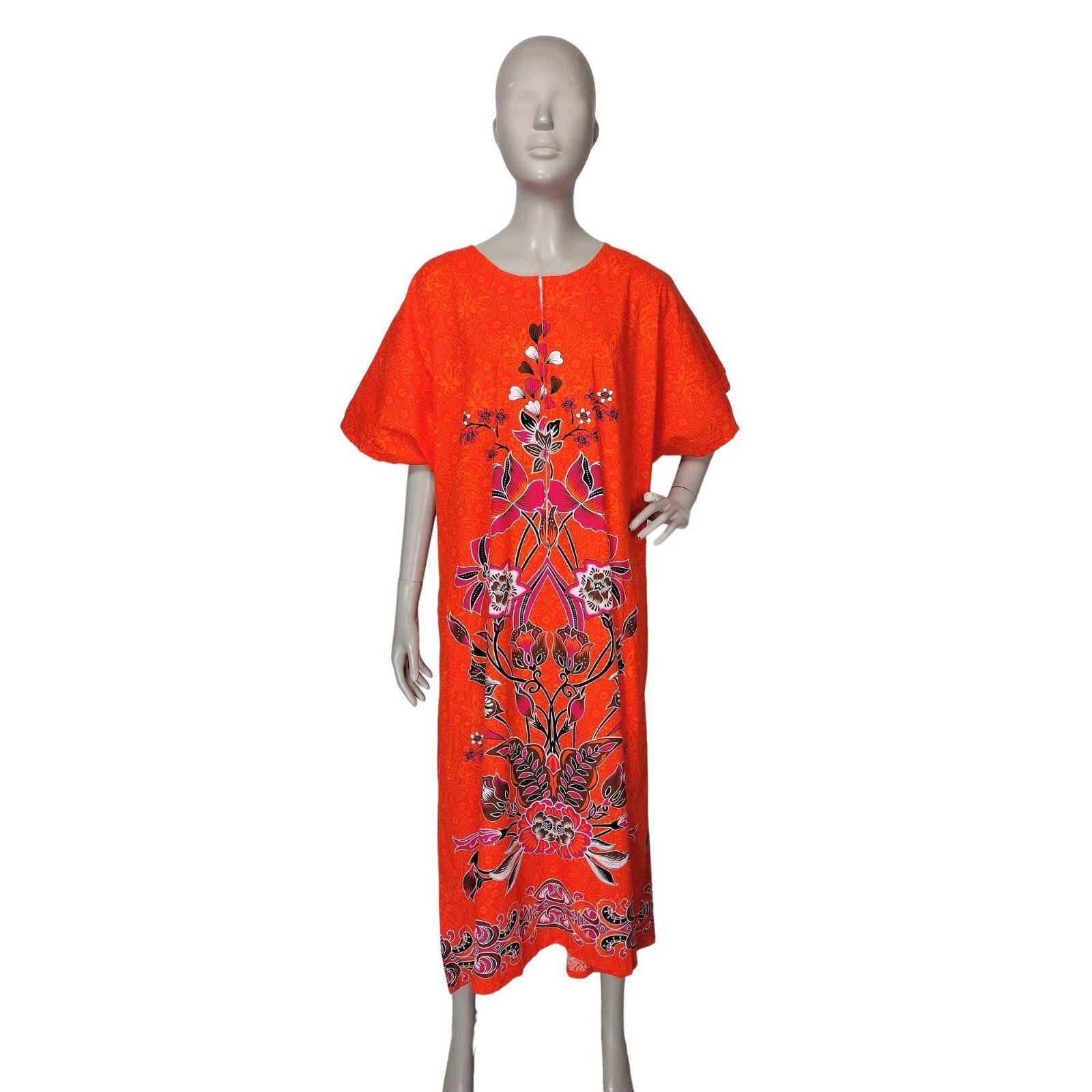 Hawaiian 90s Vintage Zip-Front Batik Orange Floral Muumuu Dress OSFM NWOT