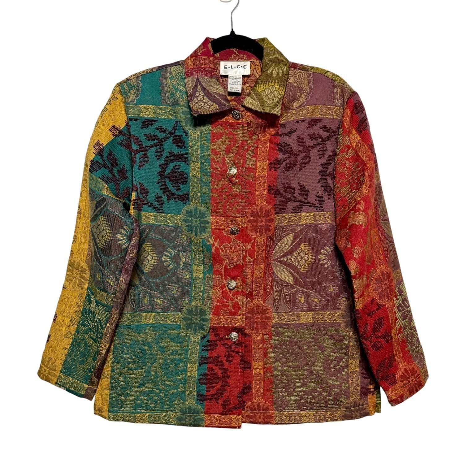 Vtg ELCC Art Teacher Chic Tapestry Jacket Women S Folk Art Patchwork Bohemian