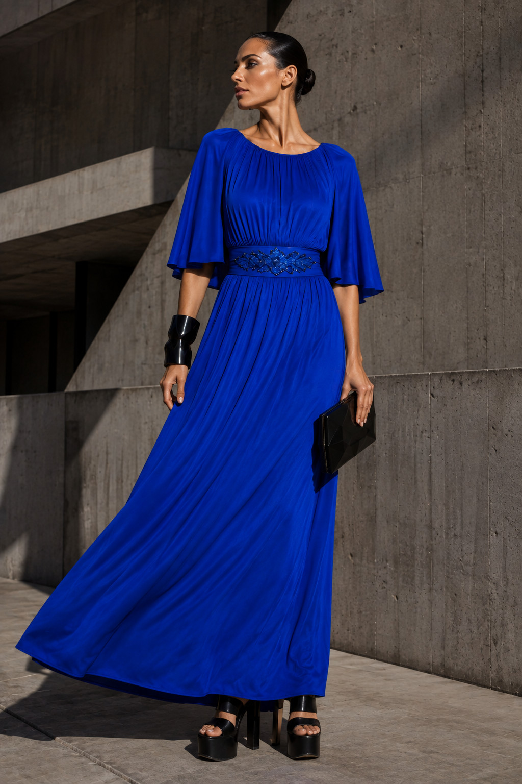 70s maxi dress evening dress Höpfner Jeunesse vintage royal blue cape sleeves 42 44