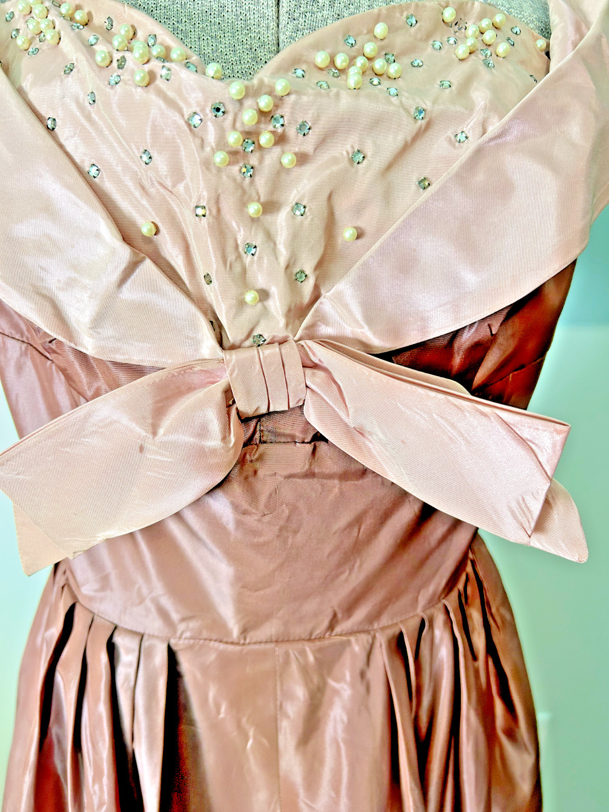 Incredible 1940s Taffeta Acetate Rhinestone Pearl Rose Pink Bustier Gown Bolero
