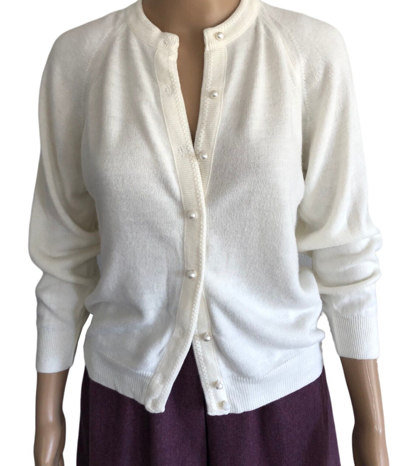 vtg Lord & Taylor Lightweight Cardigan Sweater PS Ivory Pearl Buttons USA