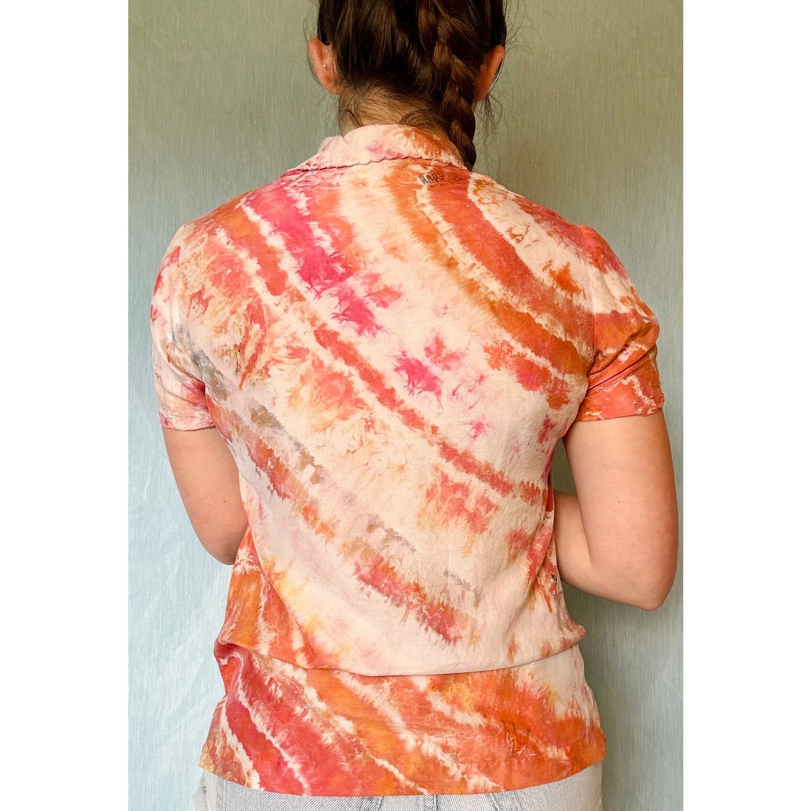 Shibori Dyed Vintage Silk Blouse Orange Pink Button Up Reworked Tie Dye Upcycled
