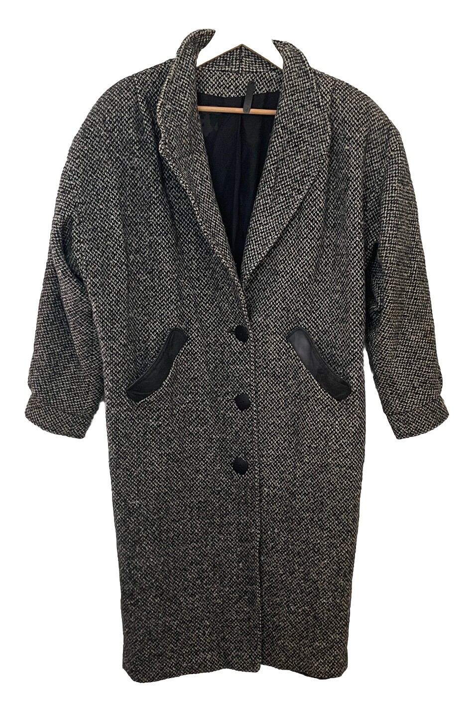 Vtg 80s DONNYBROOK Black White Tweed Long Coat w/Leather Accents Women Sz 12