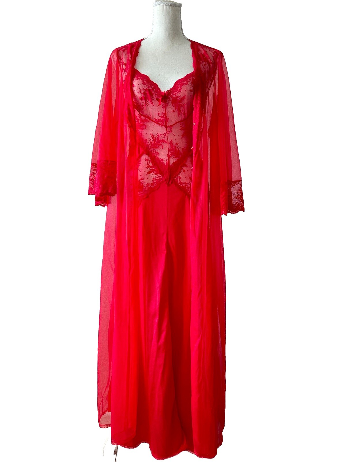 Vintage 60s Pandora Lingerie Red Lace Nylon Peignoir Nightgown Robe Set Sz S