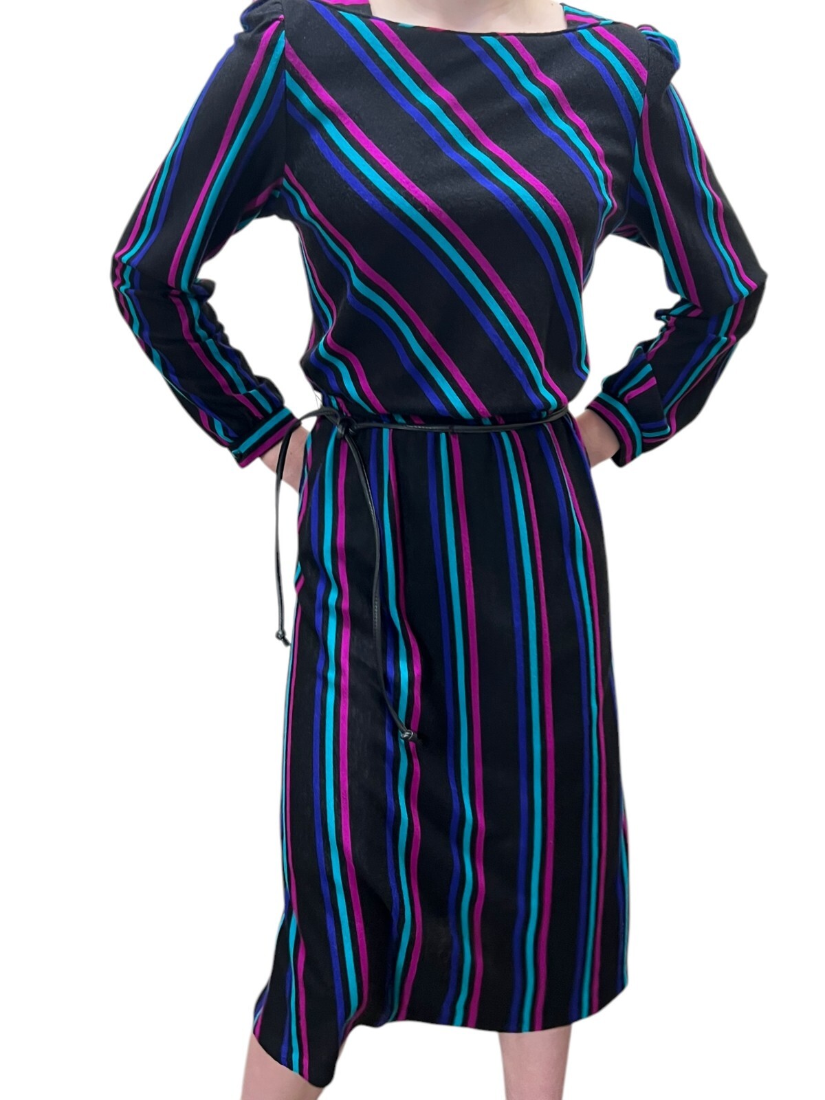 EUC Vtg 70s Sz S~M Dress Stripe Soft Knit Belt Sally Lou Boat neckline Puff Slv