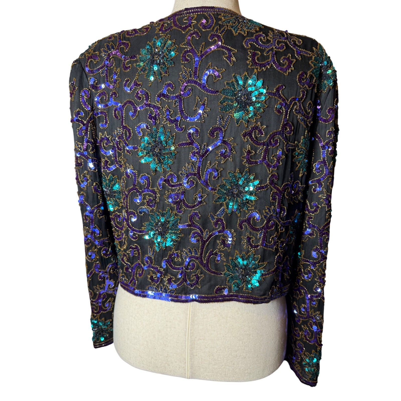 Scala Beaded Sequin Silk Jacket Womens M Black Teal Purple Excellent Vintage