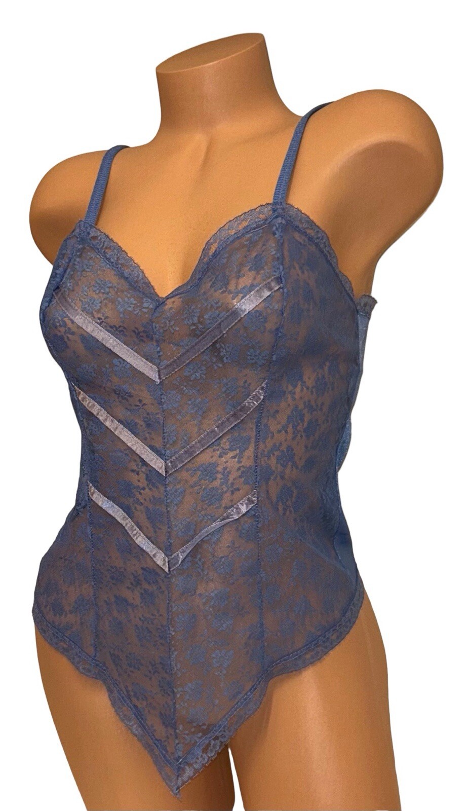 Nan Flower Vintage Blue Shiny Silky Lace Sheer Nylon Cami Nightie Womens S