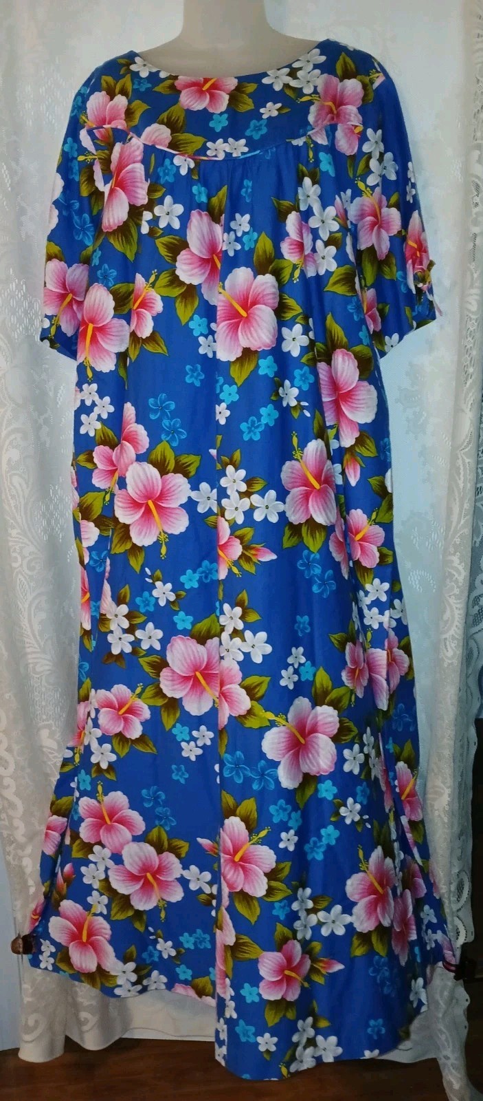 Vintage 60s Ui-Maikai Blue Hawaiian Pink Hibiscus Cotton Muumuu Dress XL Tiki O