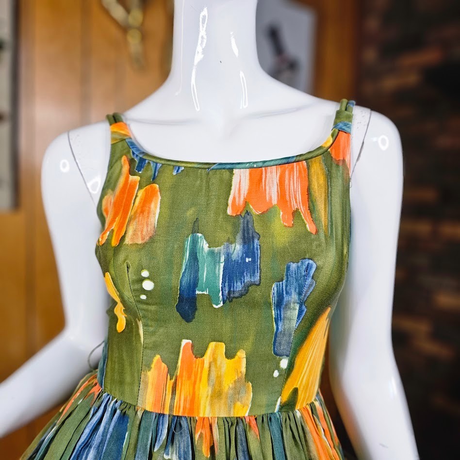 Vtg 50s Novelty Olive Paint Splatter Voile Circle Skirt Party Prom Dress XS/S P