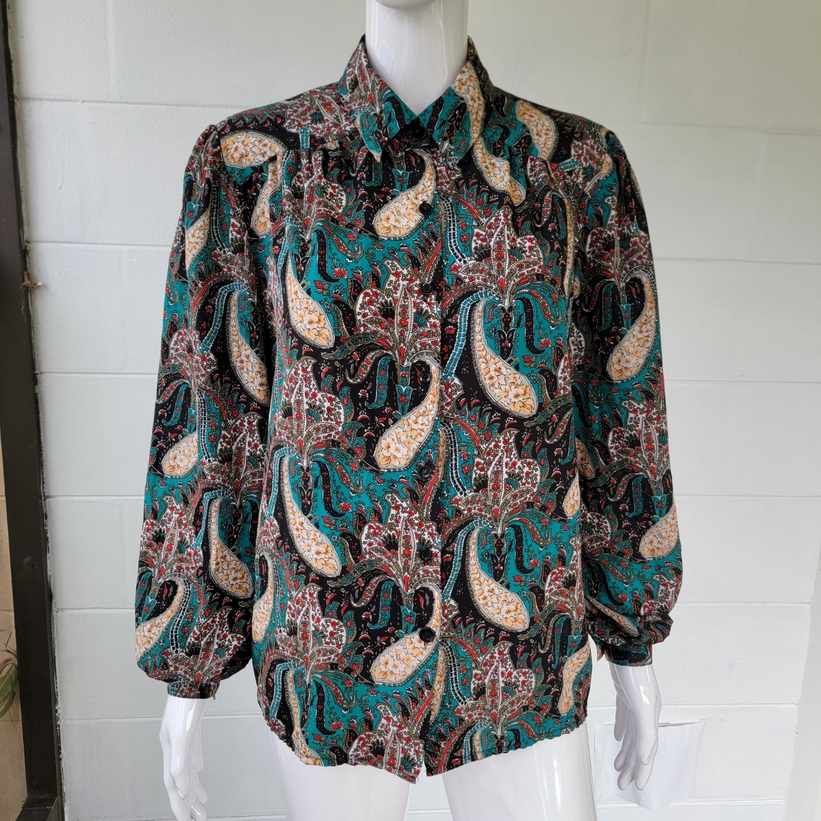 Vintage 80s D’Allaird’s Paisley Blouse Teal Red Women’s L Maximalist Retro Boho