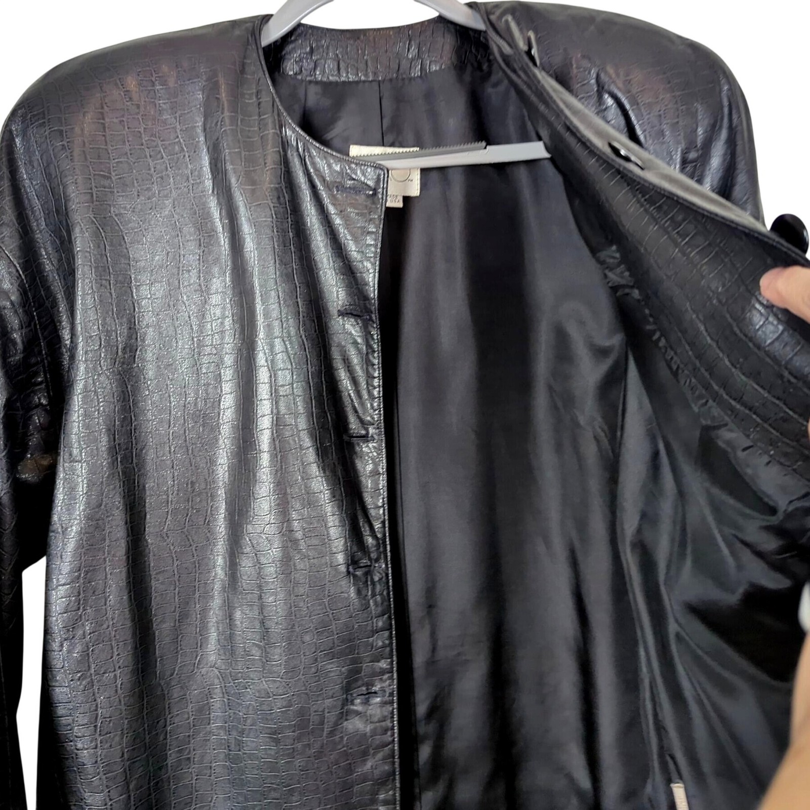 Vintage Vakko Leather Black Jacket Size M Croc Embossed USA Made Button Front