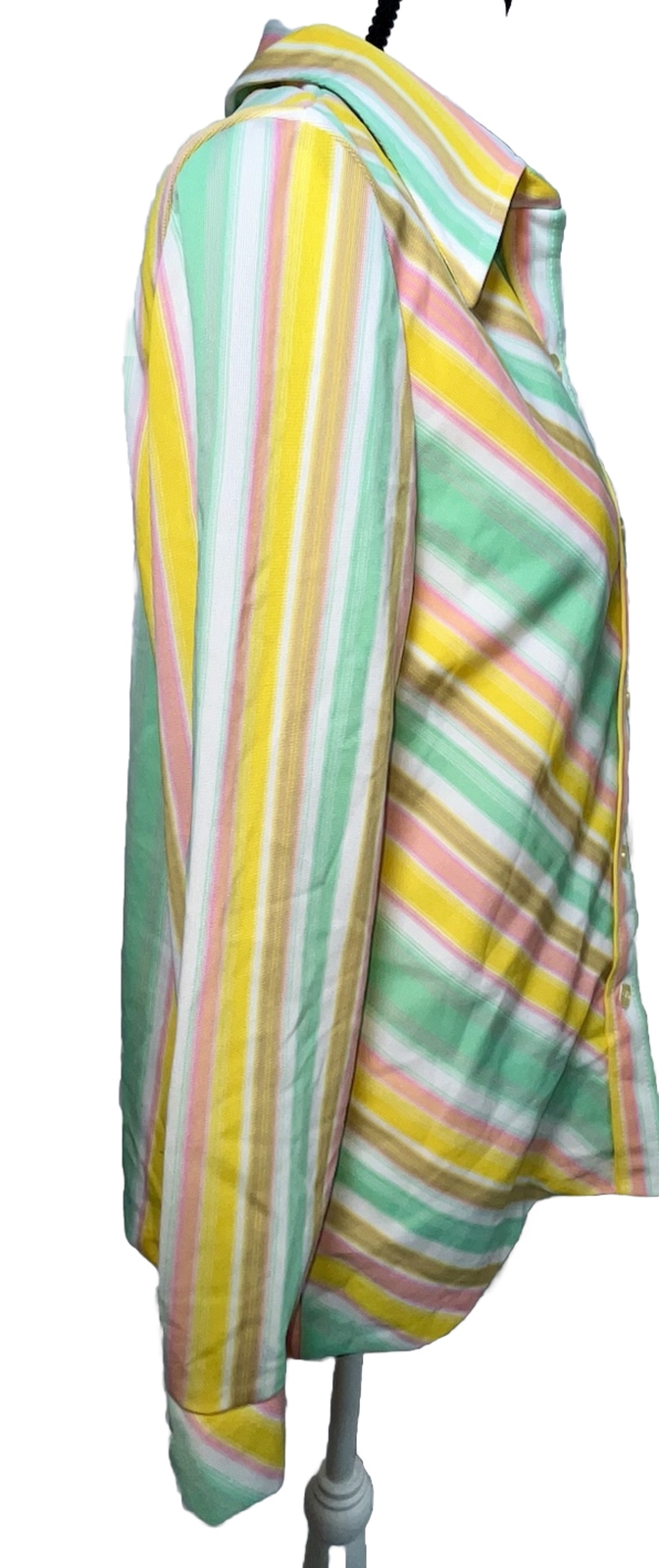 Vtg Shirt 70s Polyester Top Collar Spring Pastel Stripes Pink Aqua Brown L XL 40