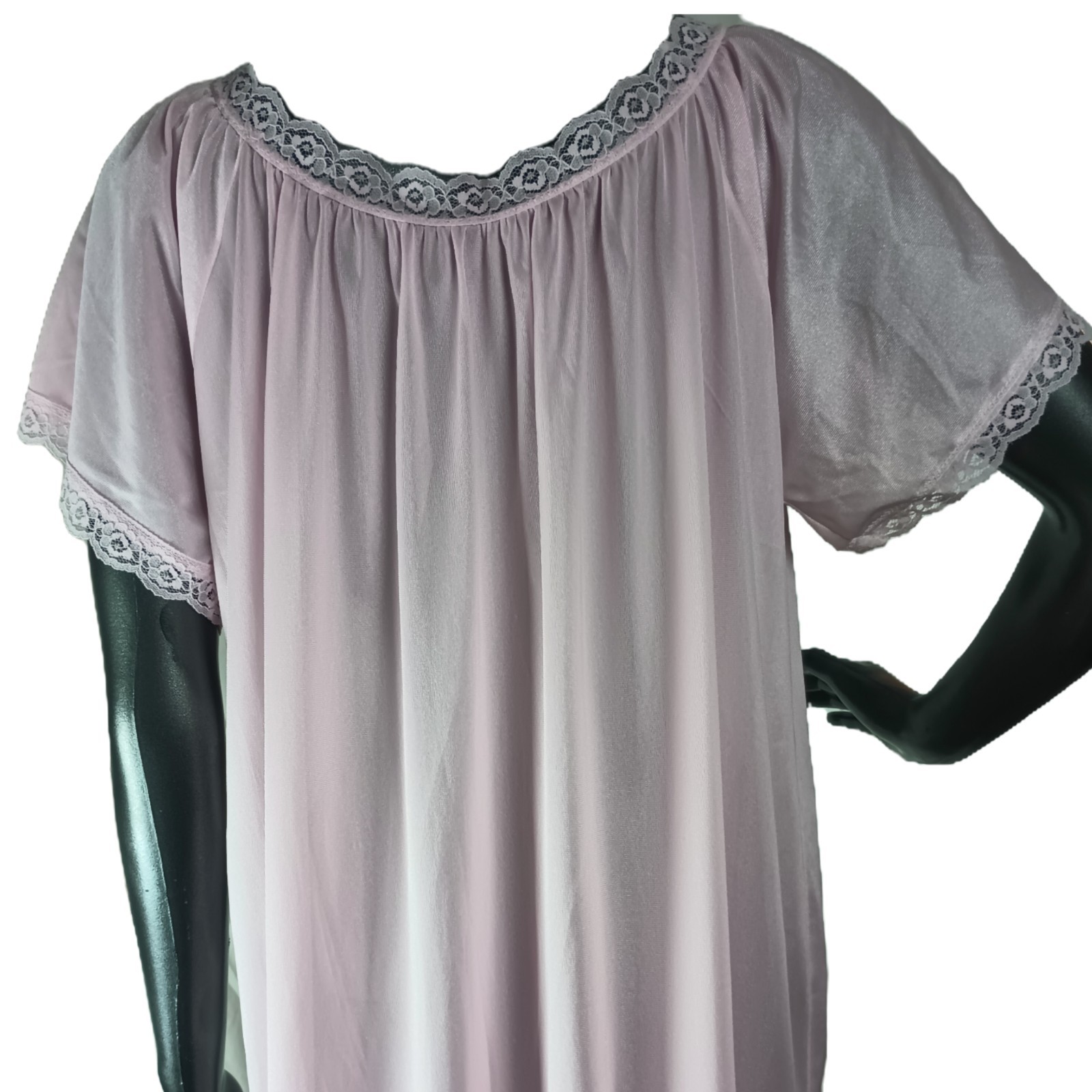 Vtg Sheer Pink Full Length Nighty With Rose Lace Trim Peasant/Baby Doll Size L