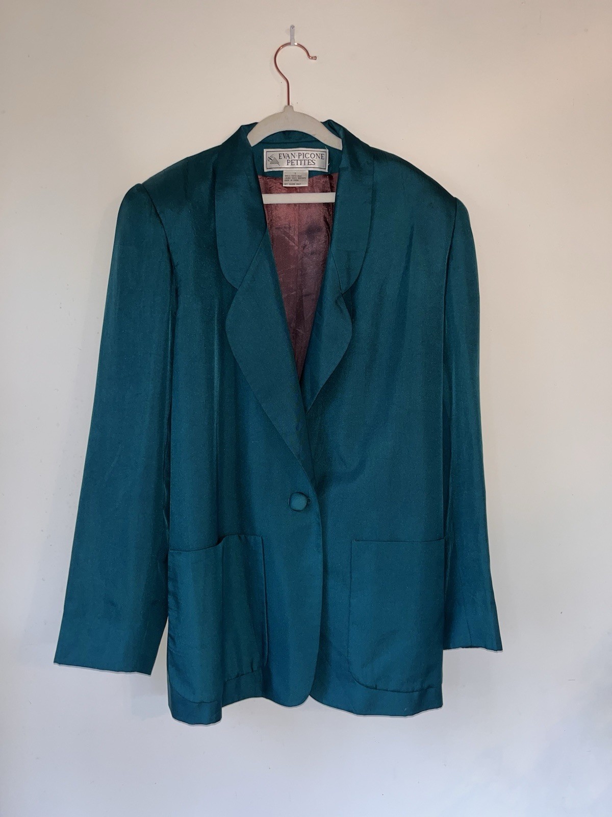 Vintage Evan Picone Silk Emerald Blazer Lined Front Button Single Breasted