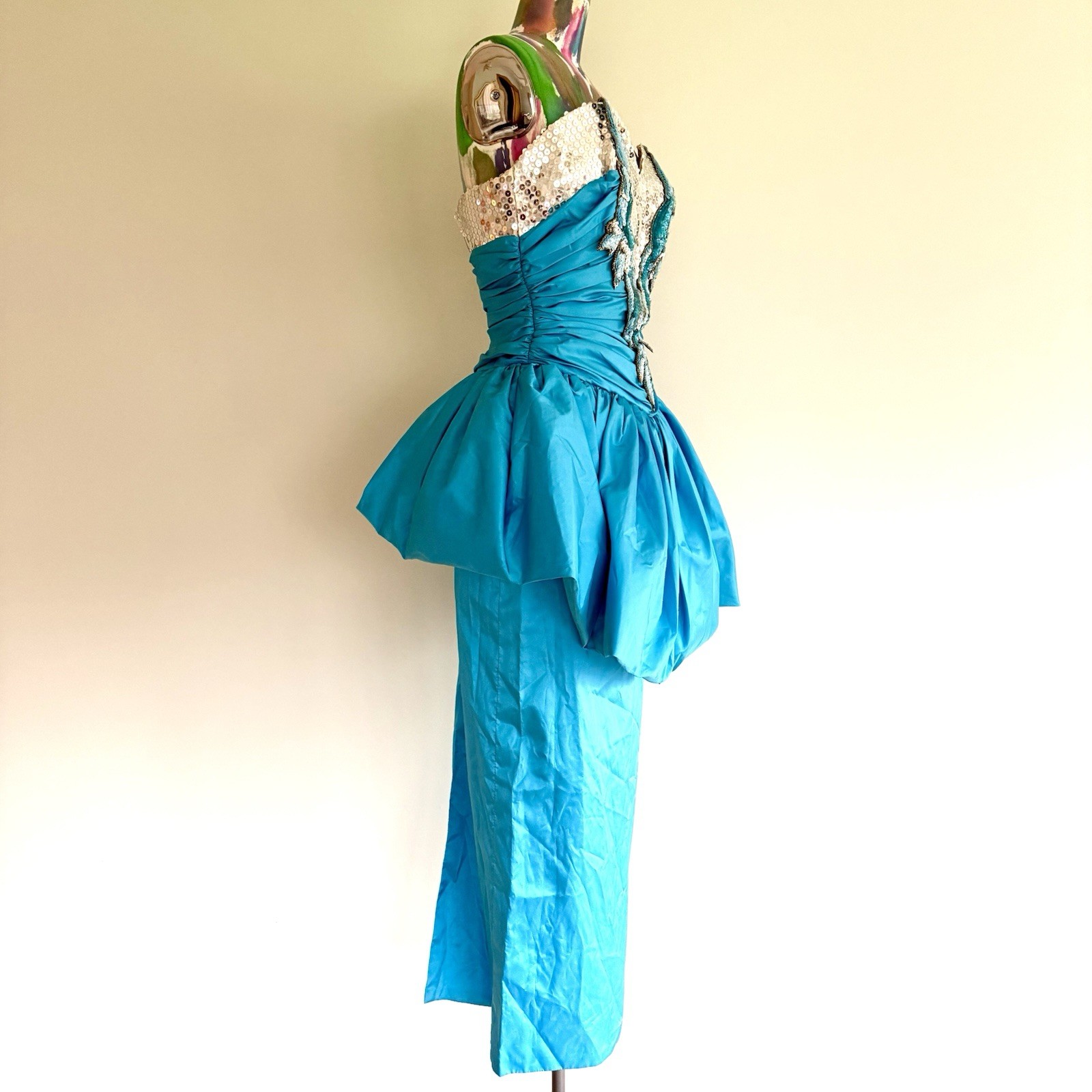 Vintage Alyce Designs 1980s Blue Taffeta Sequin Peplum Prom Dress