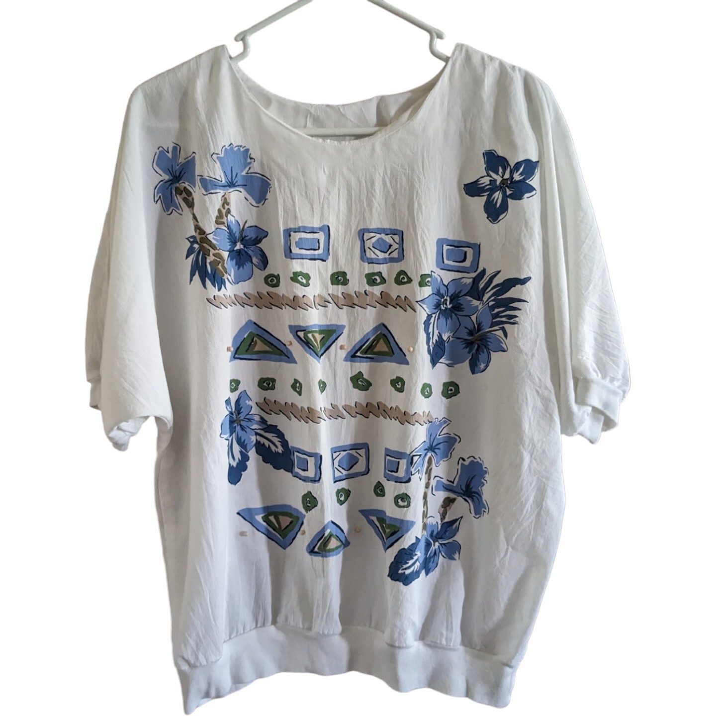 Vtg 80s/90s L/XL White Blue Floral Beaded Banded Waist Top Coastal Granny