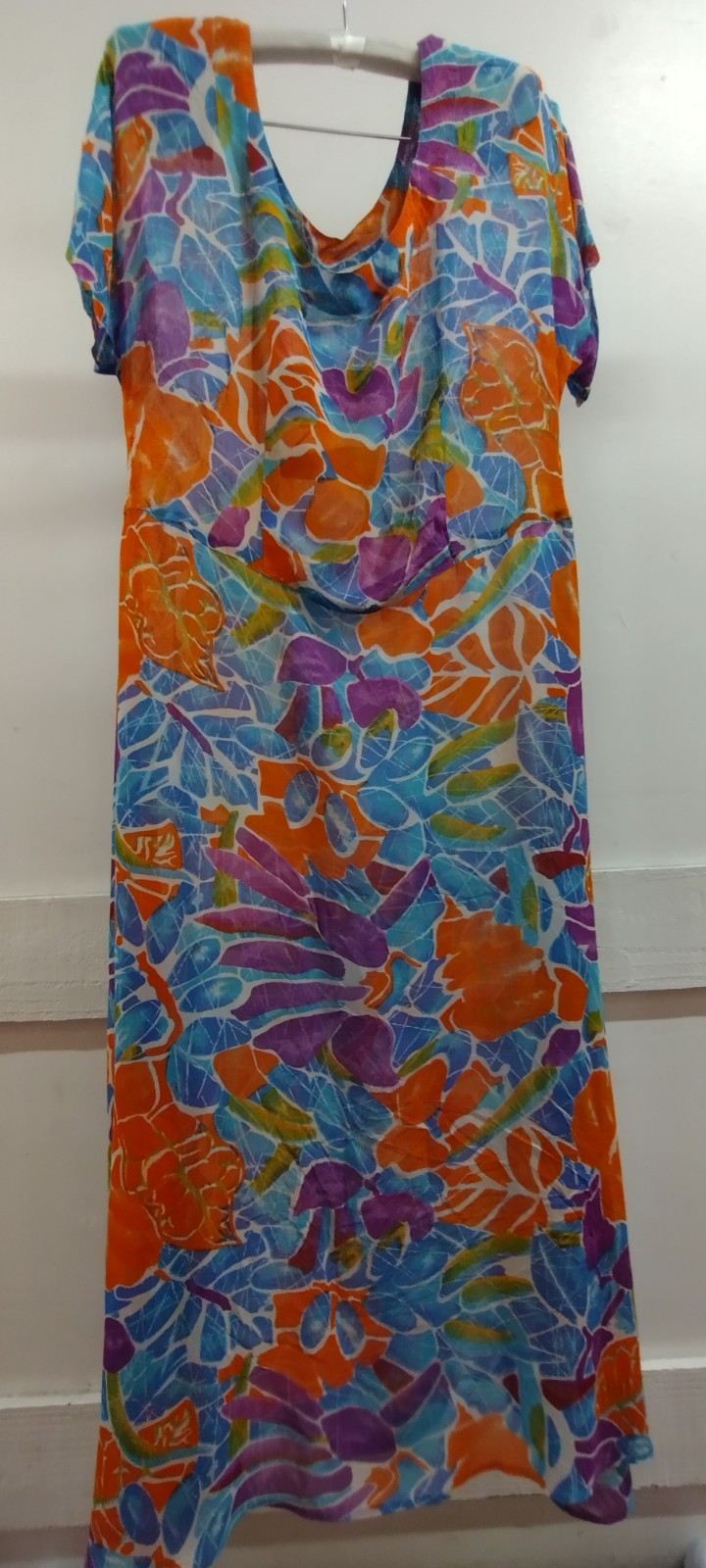 Vintage Sheer Midi Orange Dress Blue Rayon Sundress Sleeve Flowy S/M New 90s Tag